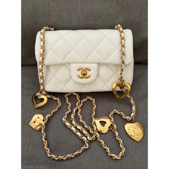 Chanel 22B White Mini Flap Rectangle Open Heart Gold Logo Shoulder Crossbody Bag - Picture 7 of 16